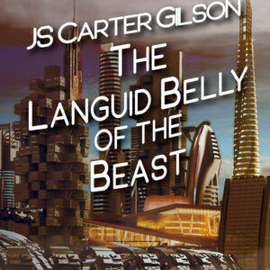 The cover for "The Languid Belly of the Beast", featuring a futuristic city filled with dirty air, with the Oslo Opera House at the center.
