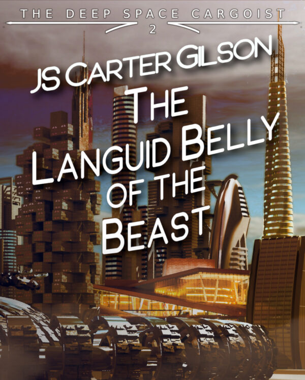 The cover for "The Languid Belly of the Beast", featuring a futuristic city filled with dirty air, with the Oslo Opera House at the center.