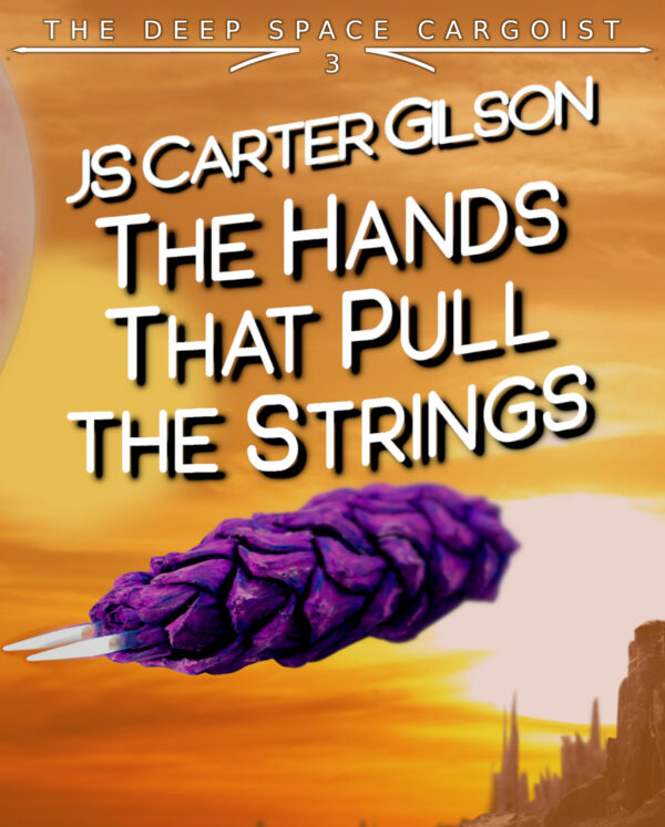 The cover for "The Hands That Pull the Strings". A purple spaceship that resembles a flattened pinecone floats in a yellow sky with multiple orbs above, and a city on the lower right.